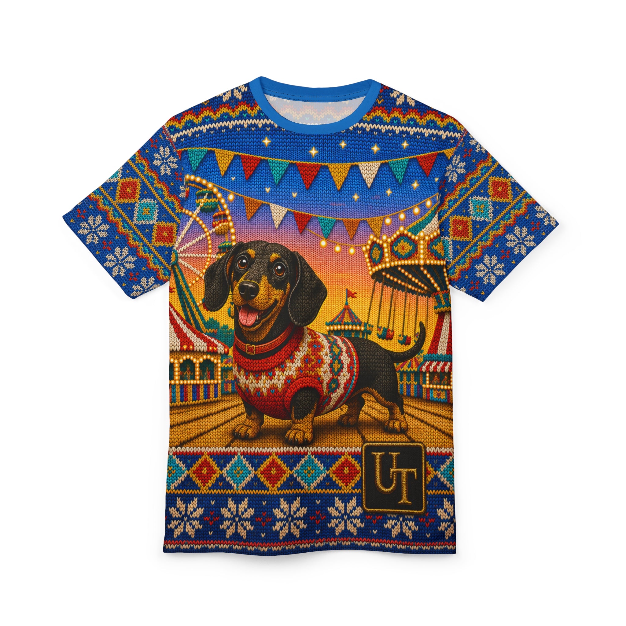 Model wearing Dachshund knit-look all-over print tee