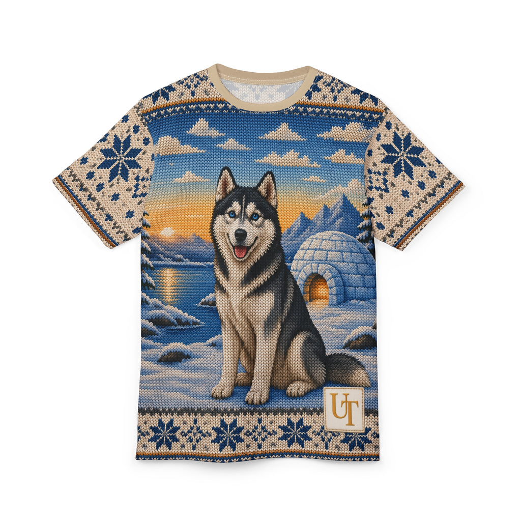 Model wearing Husky knit-look all-over print tee