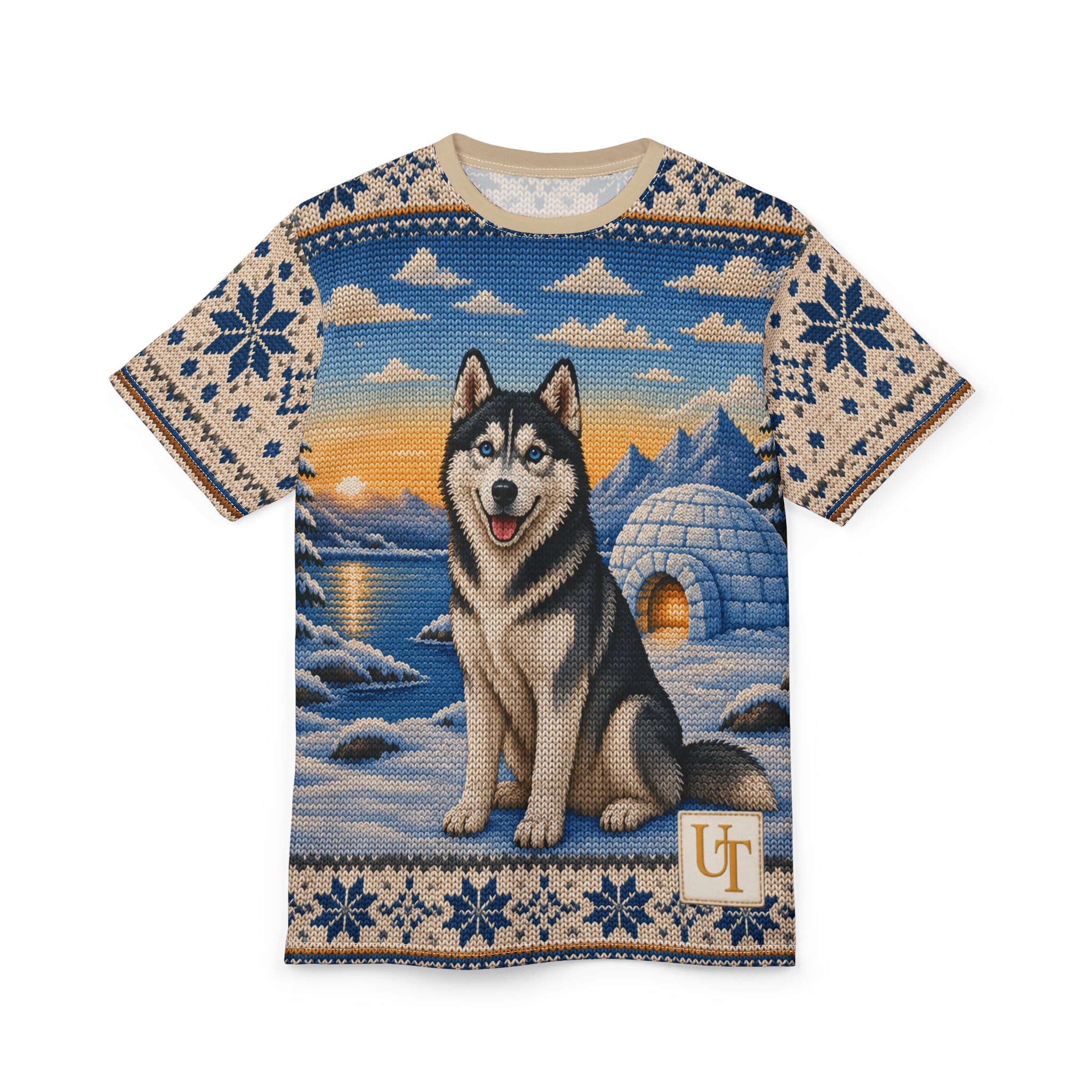 Model wearing Husky knit-look all-over print tee
