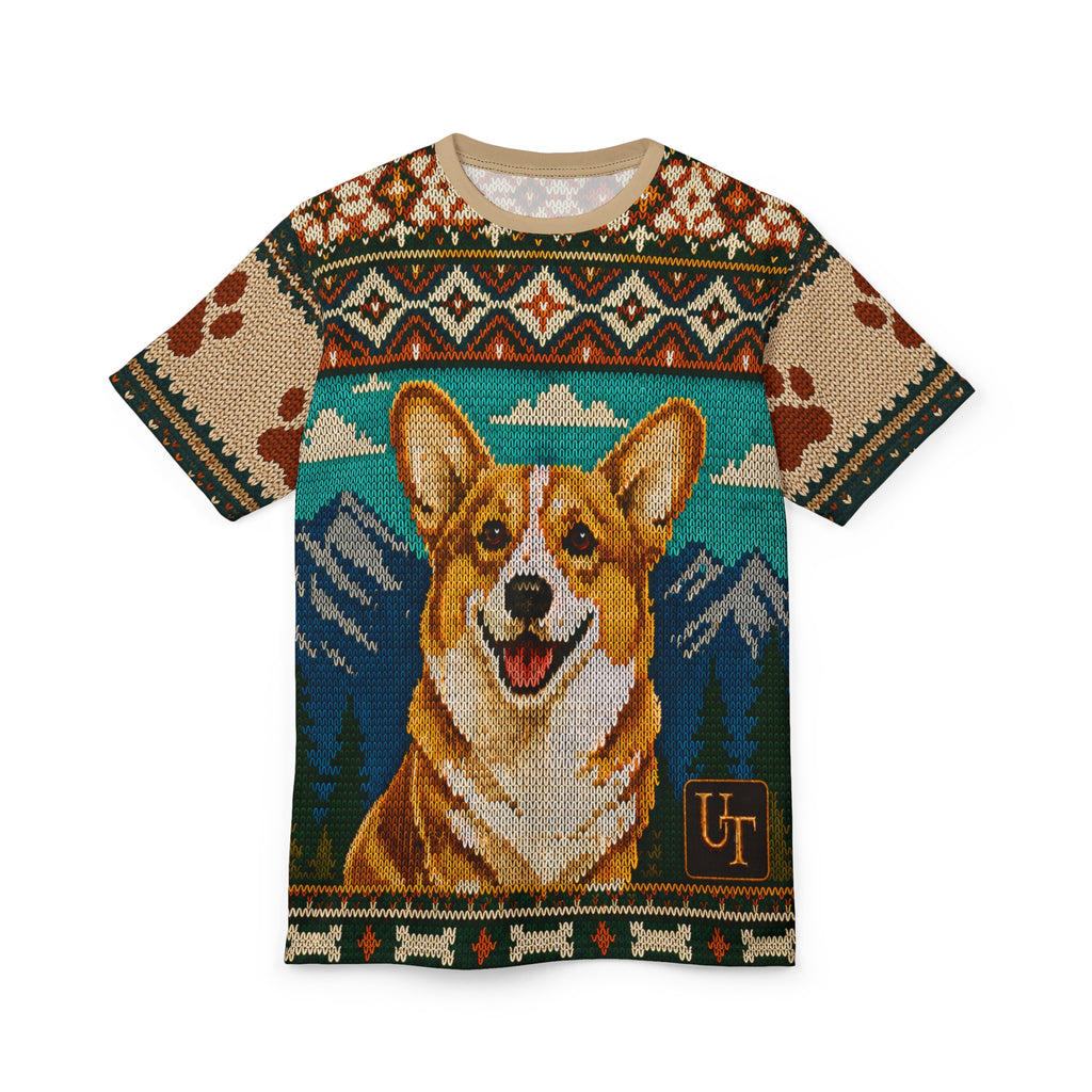 Model wearing Corgi knit-look all-over print tee