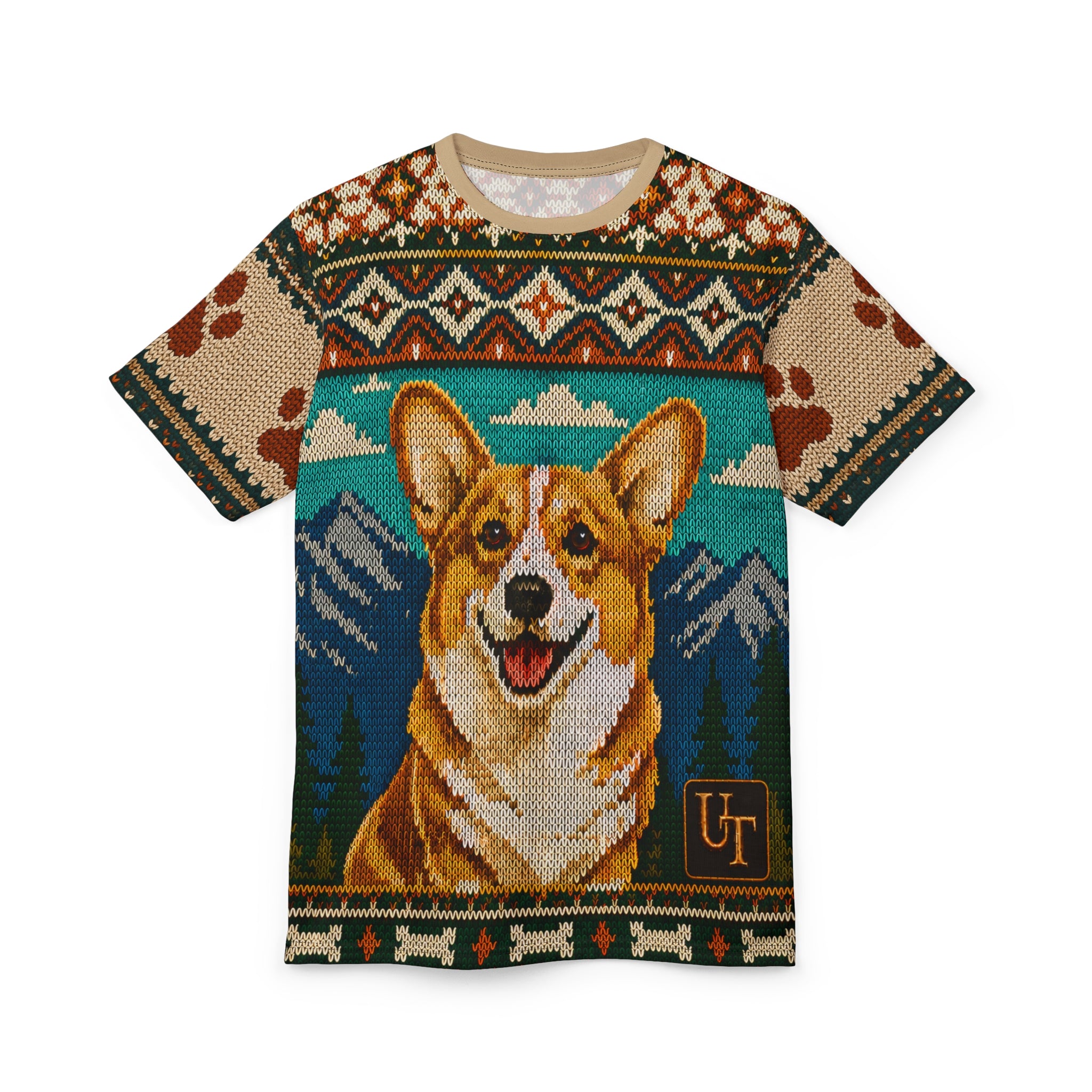 Model wearing Corgi knit-look all-over print tee