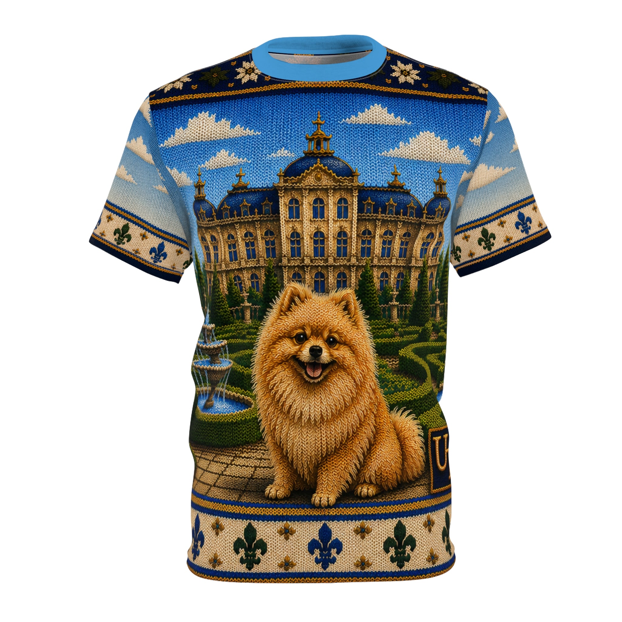 Model wearing Pomeranian knit-look all-over print tee