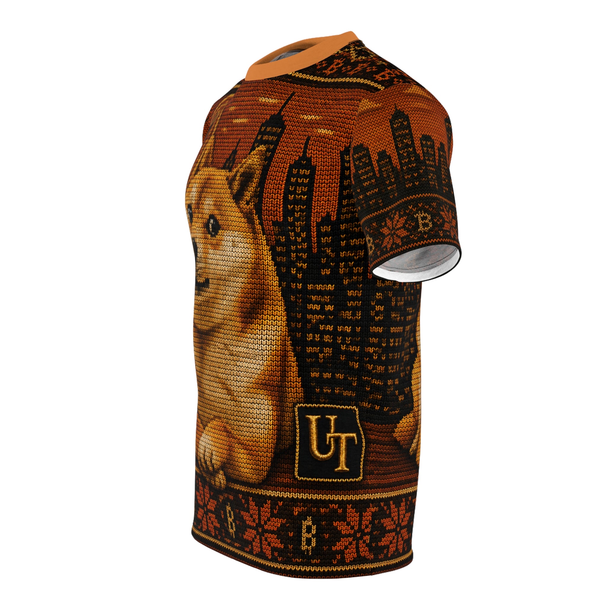 Shiba Inu all-over print tee shown on model
