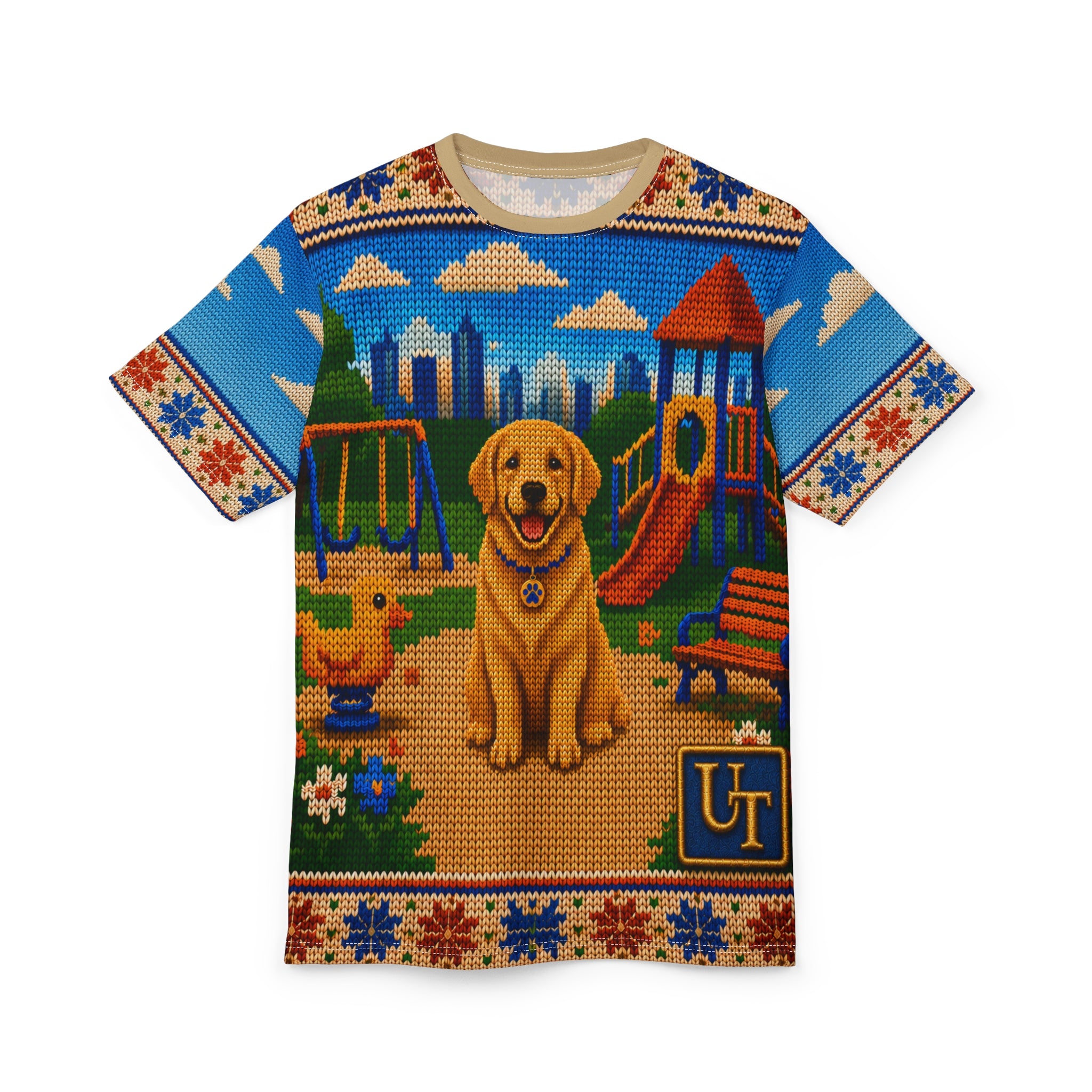 Model wearing Golden Retriever knit-look all-over print tee