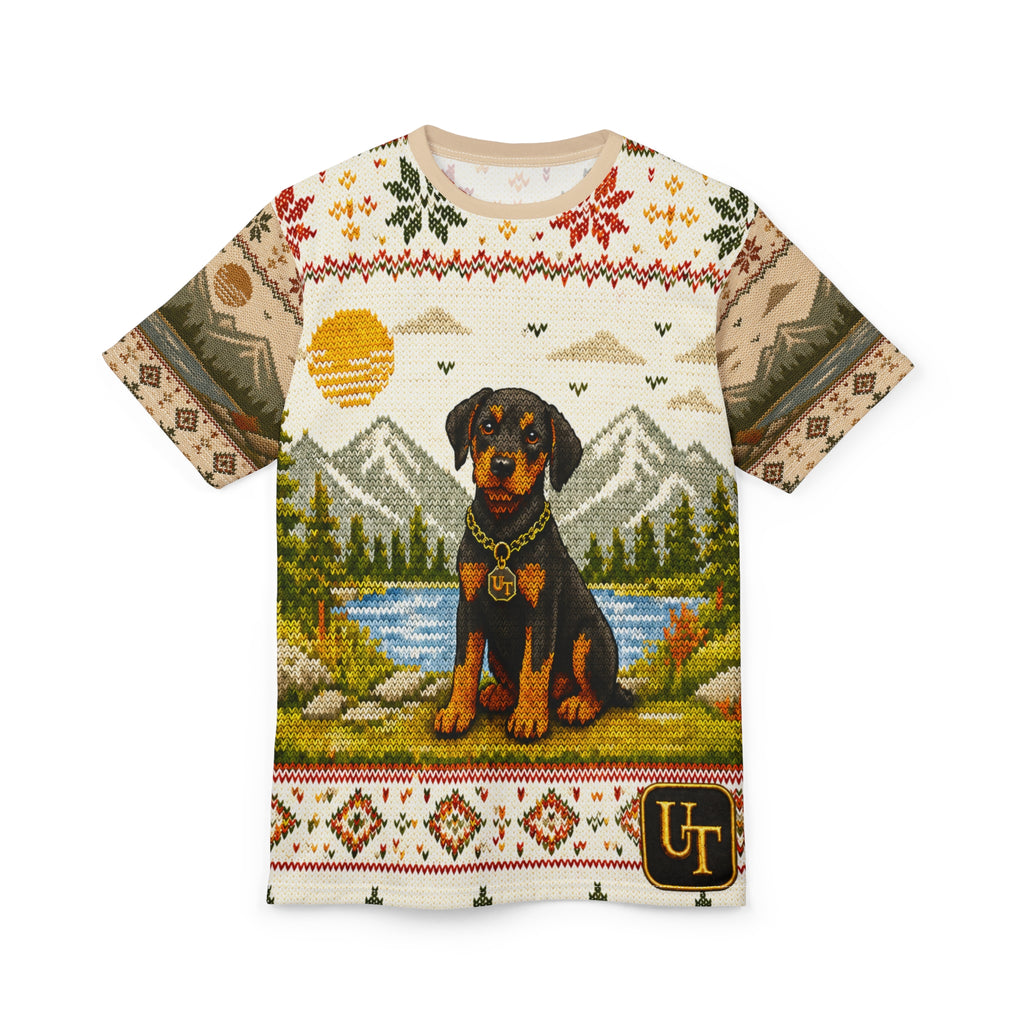 Model wearing Doberman knit-look all-over print tee