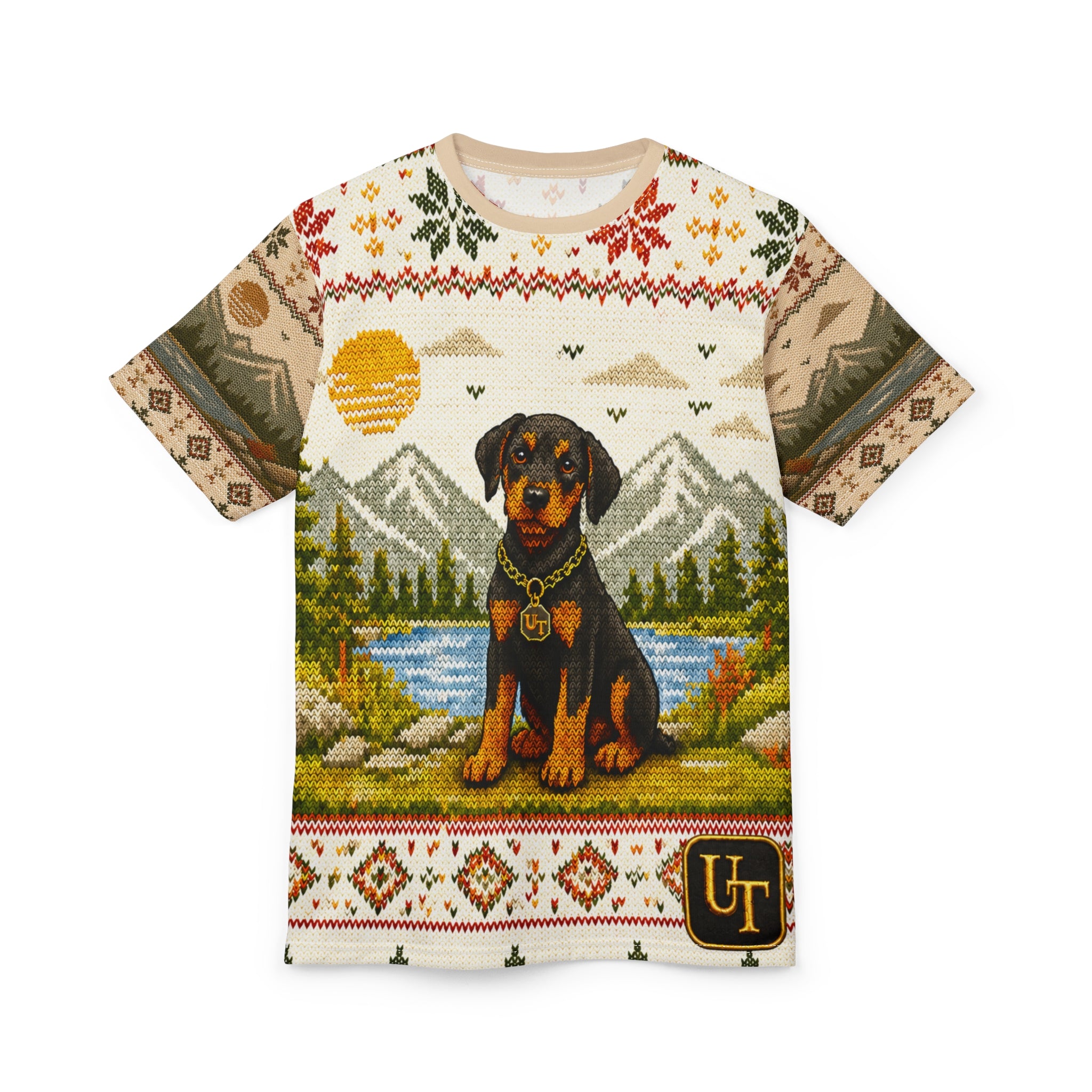 Model wearing Doberman knit-look all-over print tee