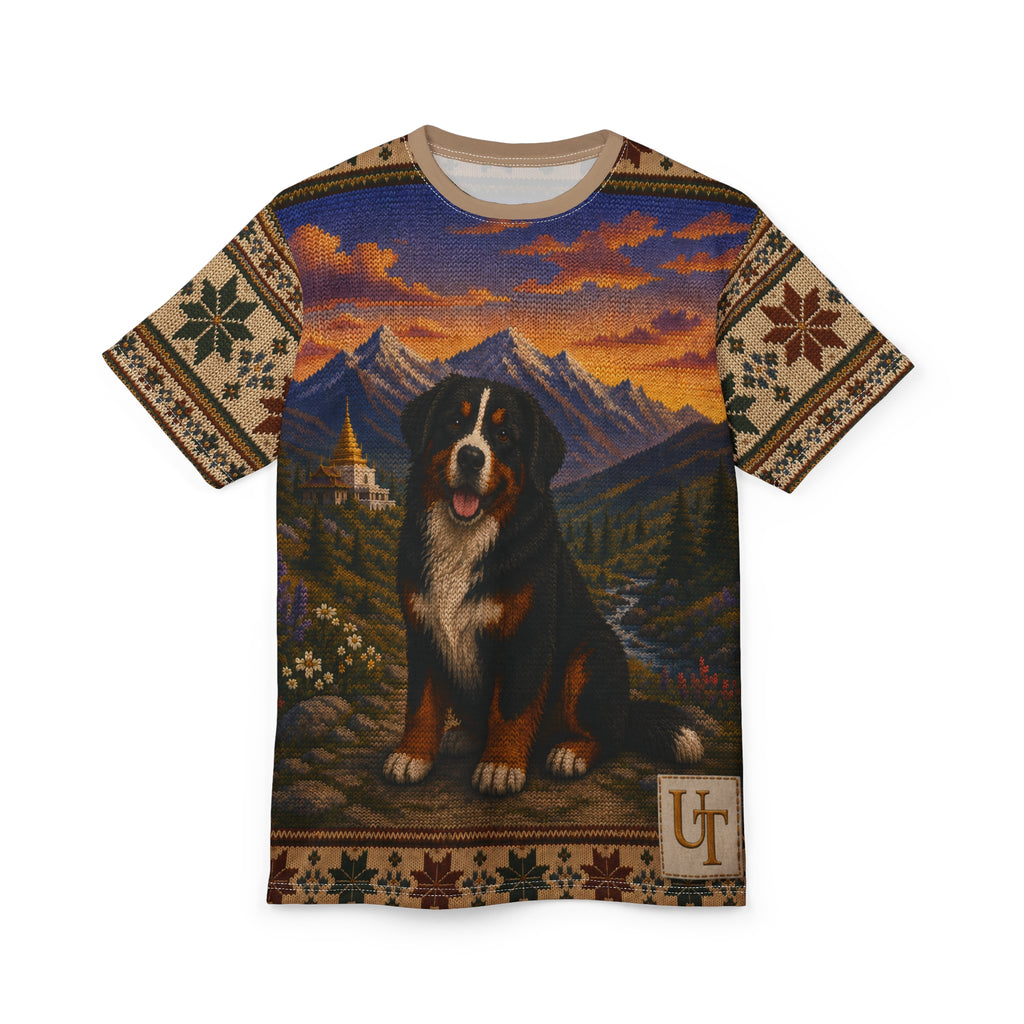 Model wearing Bernese Mountain Dog knit-look all-over print tee