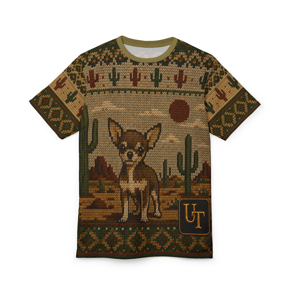 Model wearing Chihuahua knit-look all-over print tee