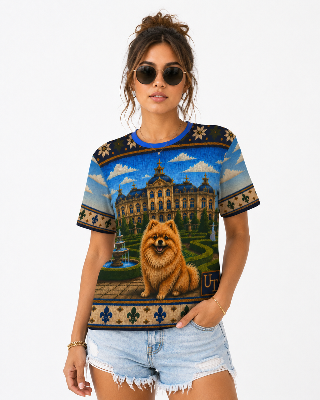 Pomeranian all-over print t-shirt with knit-look chateau garden design