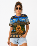 Pomeranian all-over print t-shirt with knit-look chateau garden design