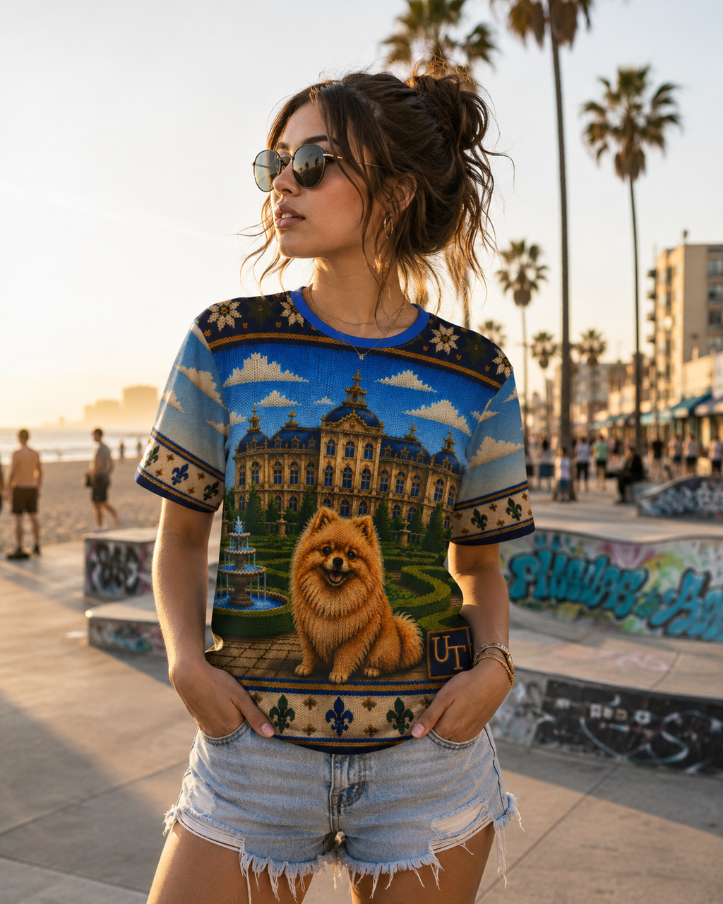 Pomeranian knit-style graphic tee detail