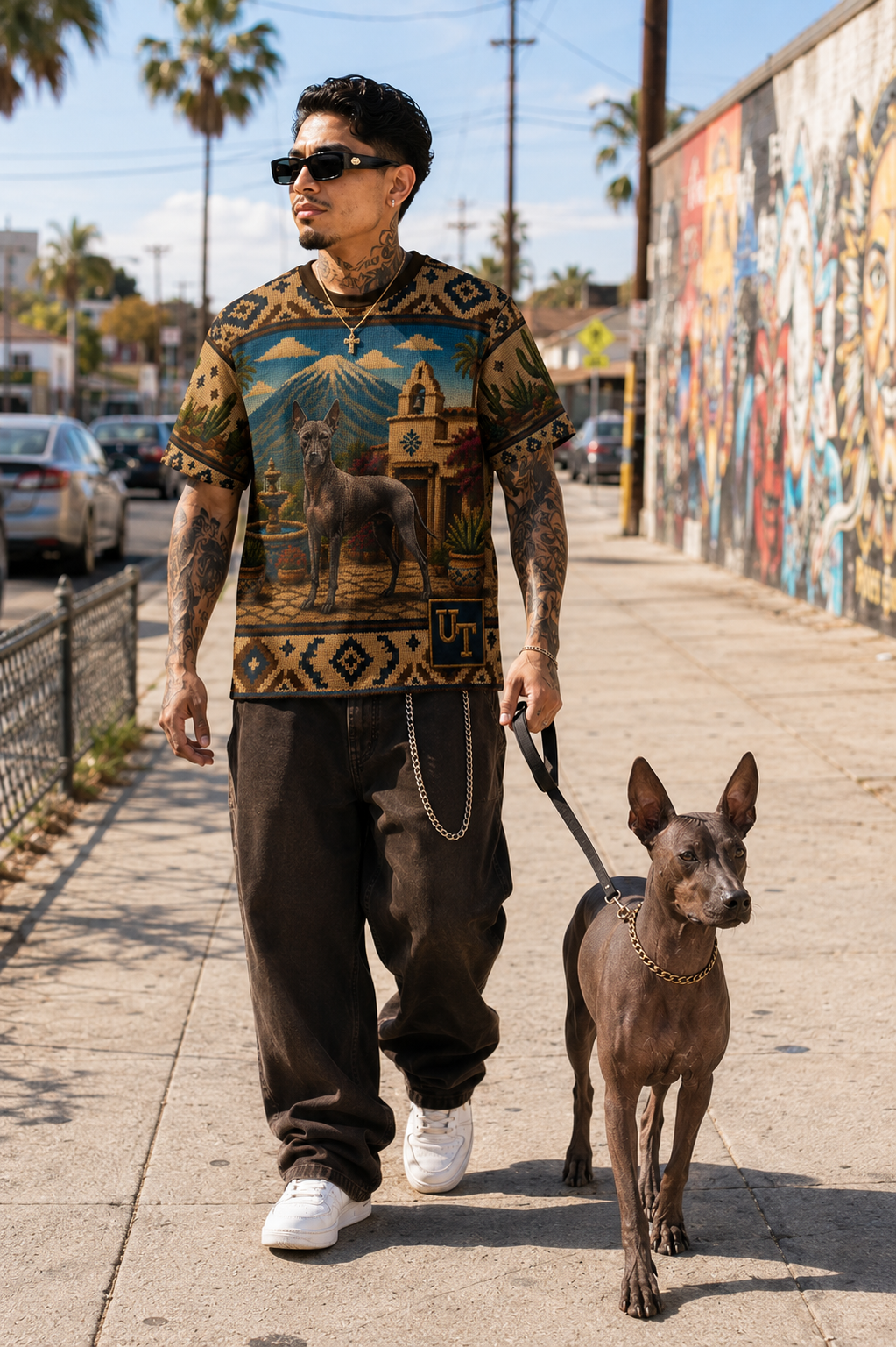Xolo Aztec village design tee, back view
