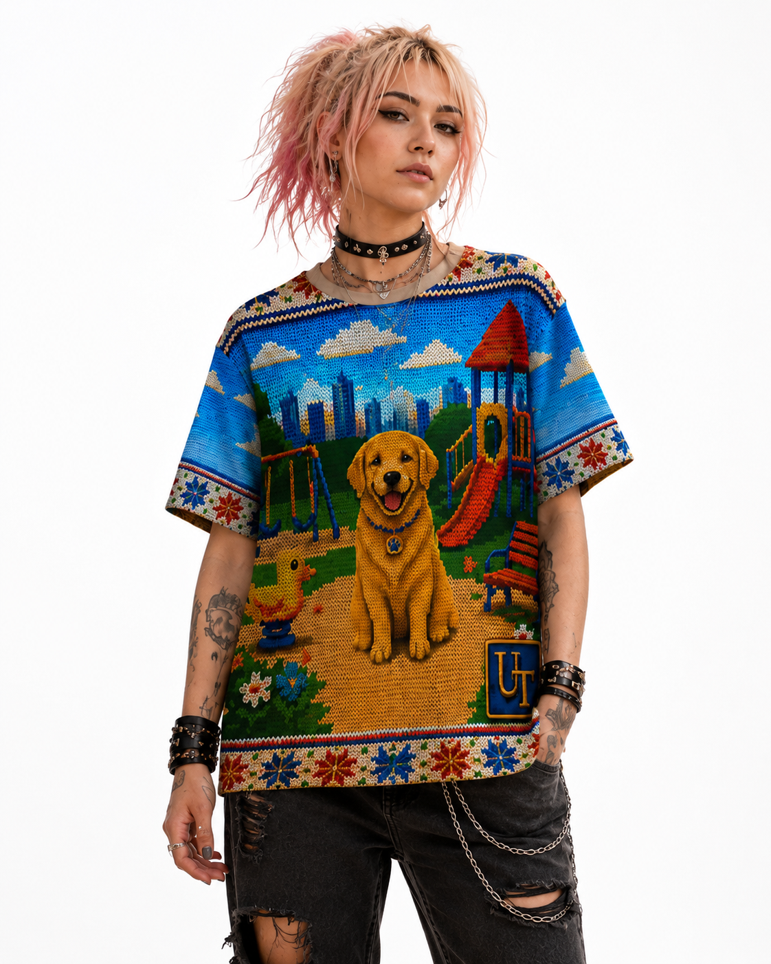 Golden Retriever Knit-Style Ugly Sweater Tee