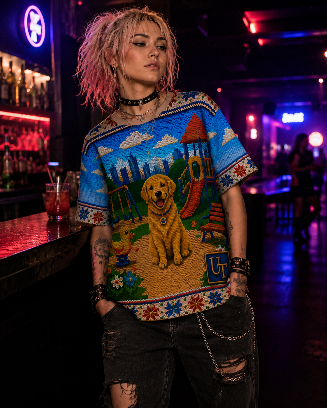 Golden Retriever knit-style graphic tee detail