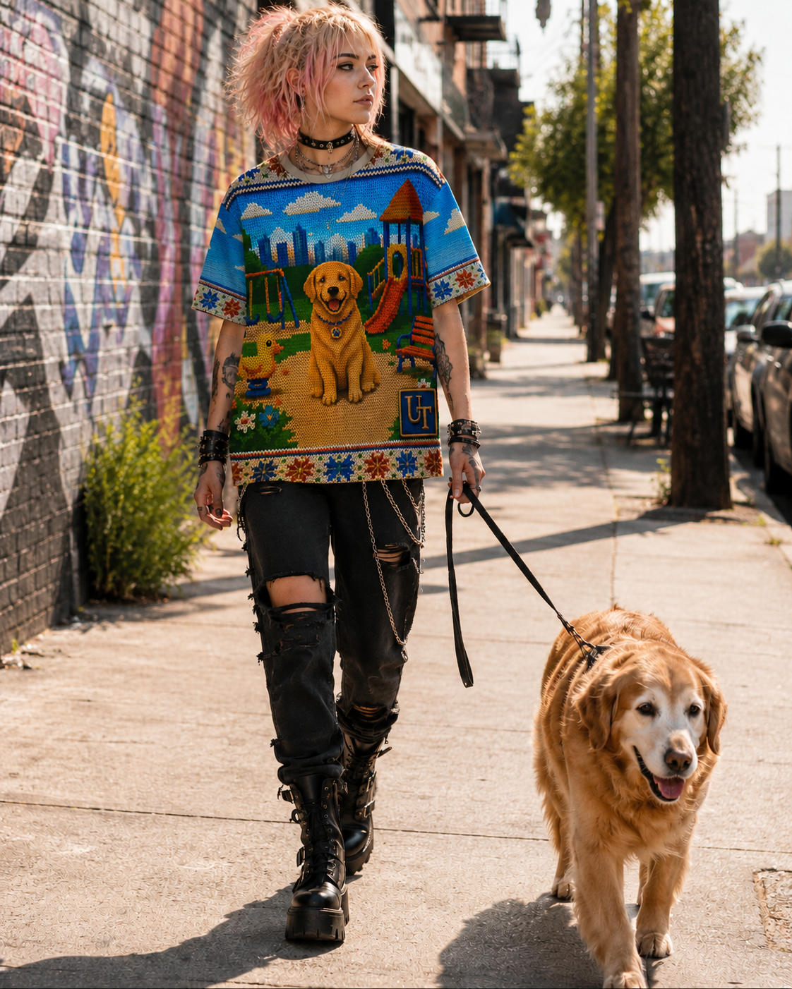 Golden Retriever park design tee, back view