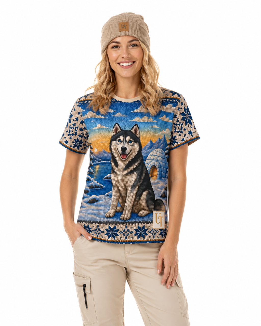 Husky all-over print t-shirt with knit-look igloo and snowflake design