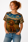 Labrador puppy all-over print t-shirt with knit-look wildflower field design