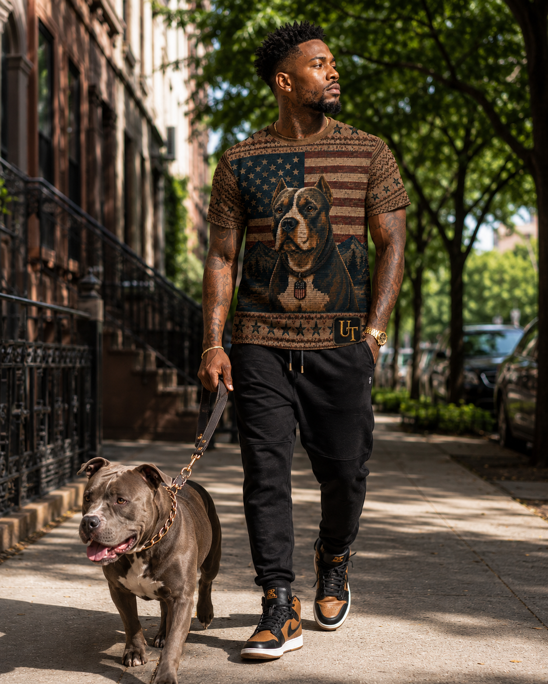 Pitbull city skyline design tee, back view