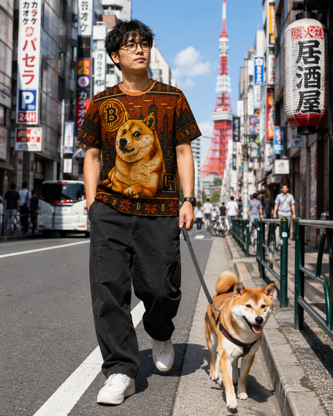 Shiba Inu knit-style graphic tee detail