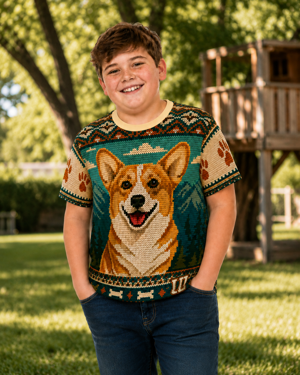 Corgi knit-style graphic tee detail