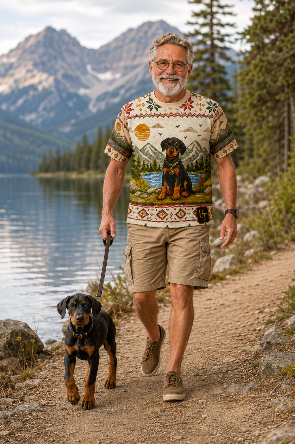 Doberman alpine design tee, back view