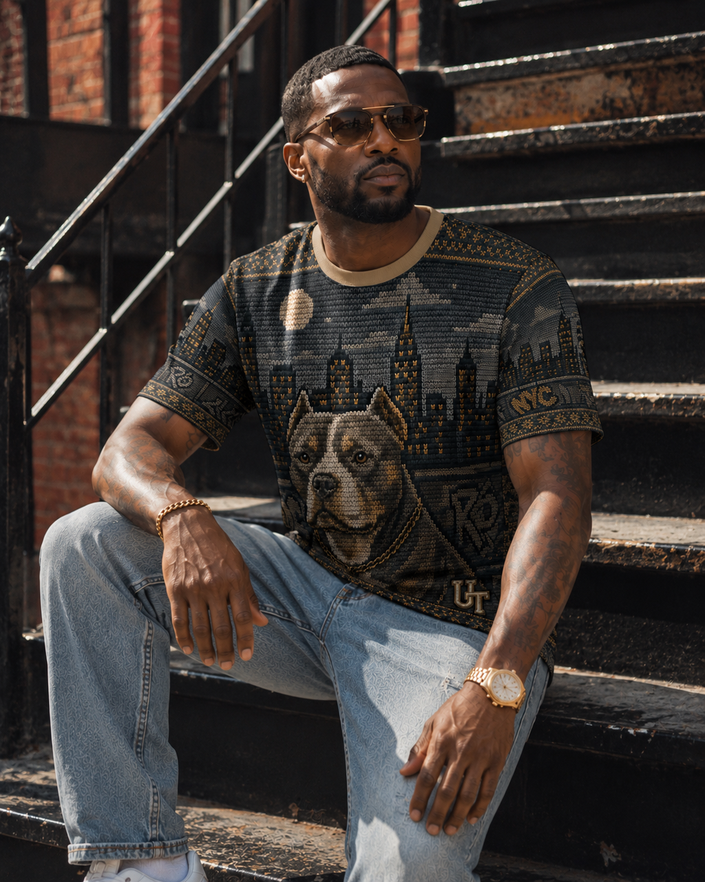 Pitbull Cityscape Knit-Style Ugly Sweater Tee