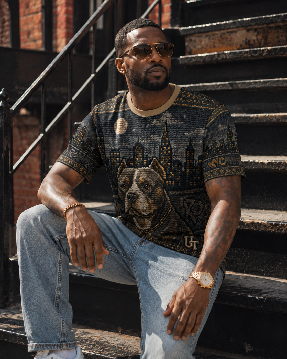 Pitbull Cityscape Knit-Style Ugly Sweater Tee