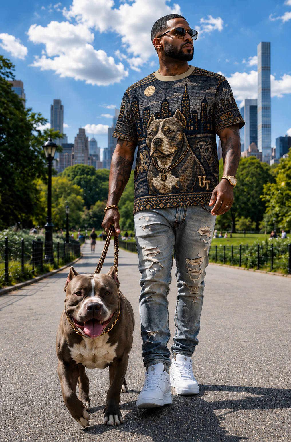 Pitbull Cityscape Knit-Style Ugly Sweater Tee