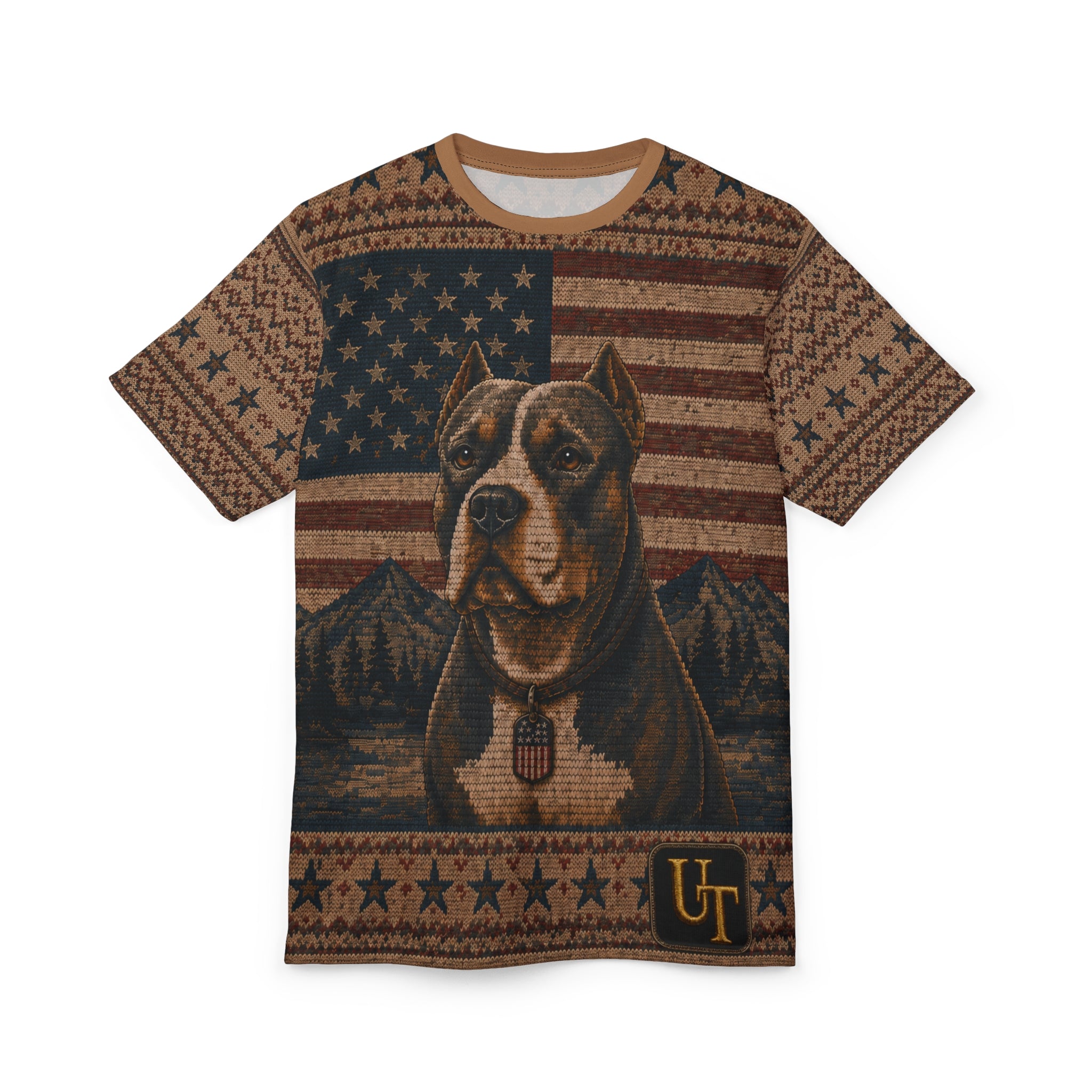 Model wearing Pitbull knit-look all-over print tee