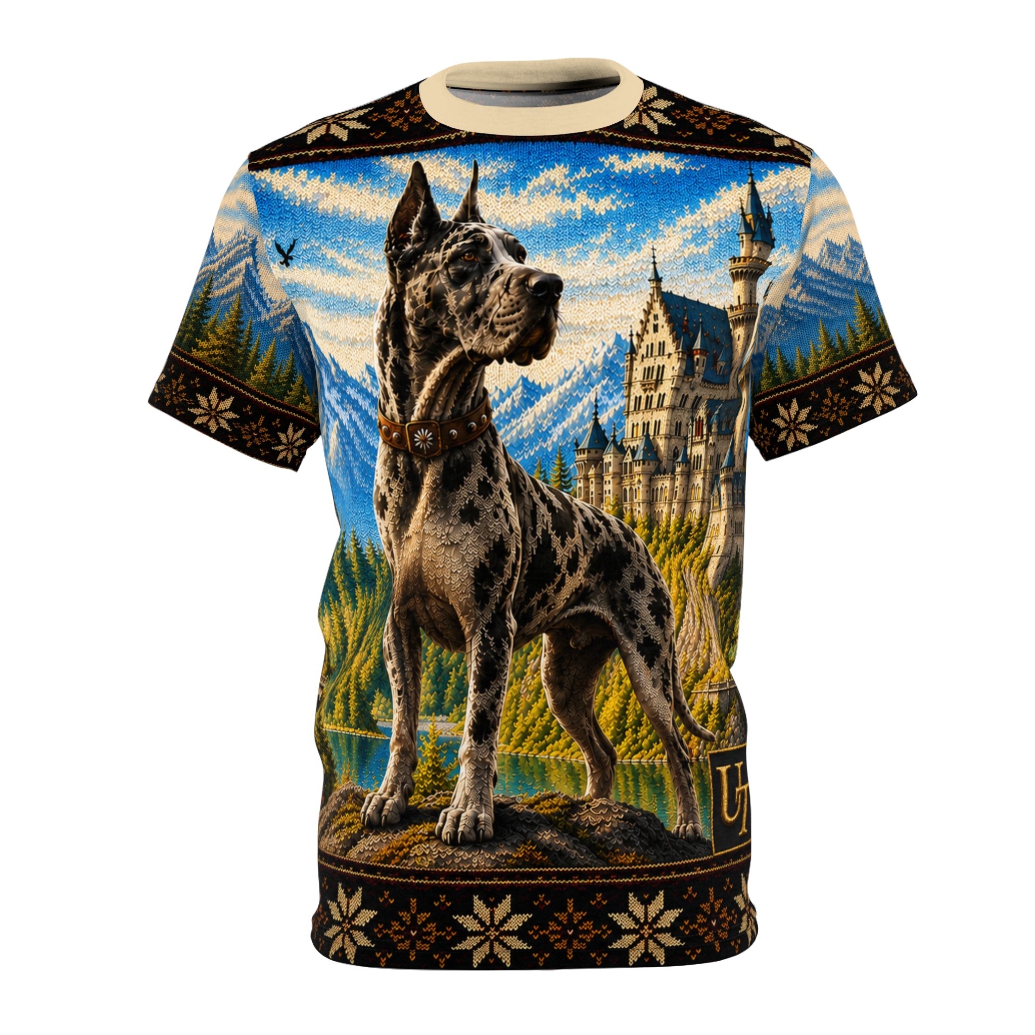 Model wearing Great Dane knit-look all-over print tee