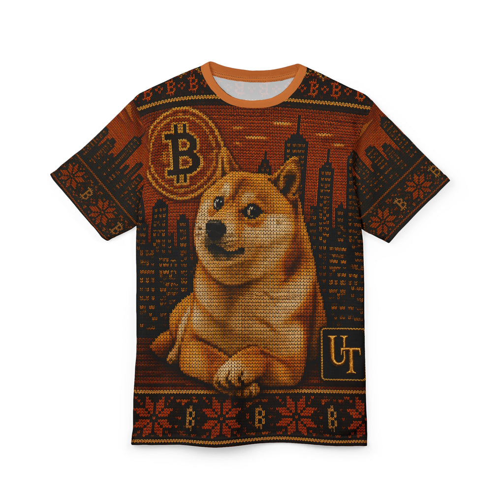Model wearing Shiba Inu knit-look all-over print tee