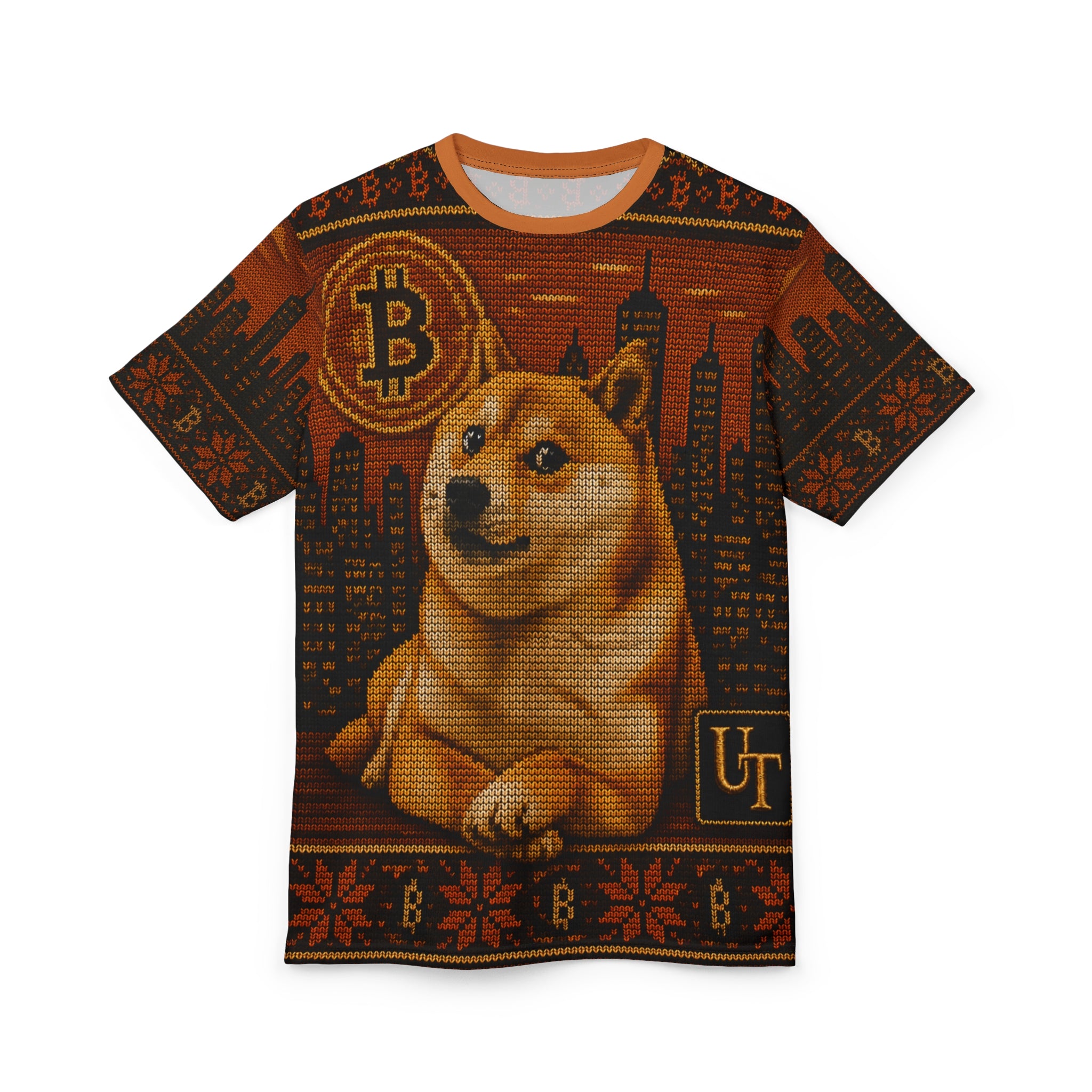 Model wearing Shiba Inu knit-look all-over print tee