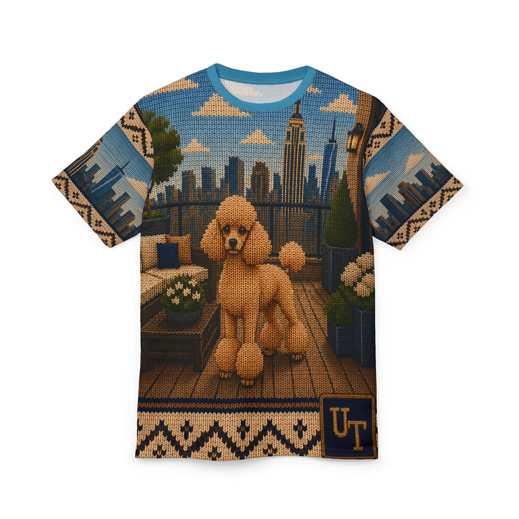 Model wearing Poodle knit-look all-over print tee