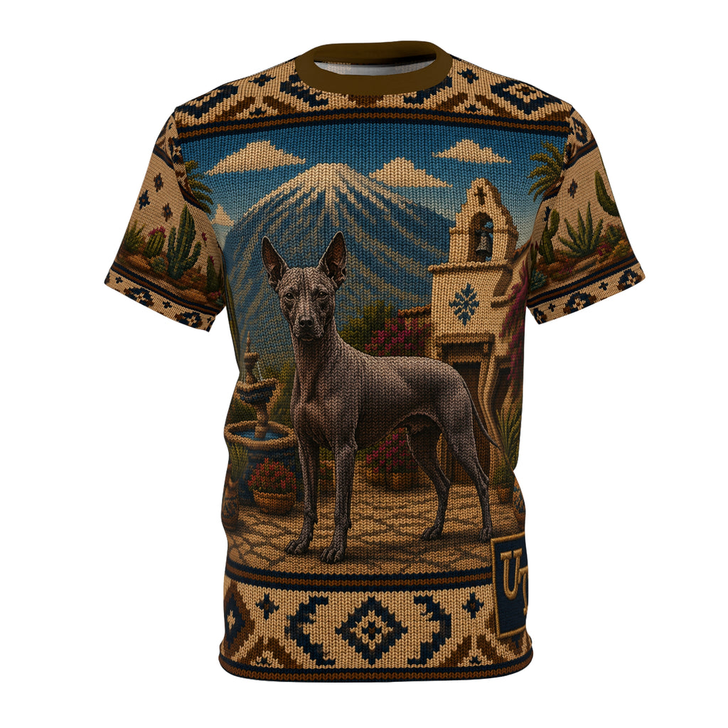 Model wearing Xolo knit-look all-over print tee