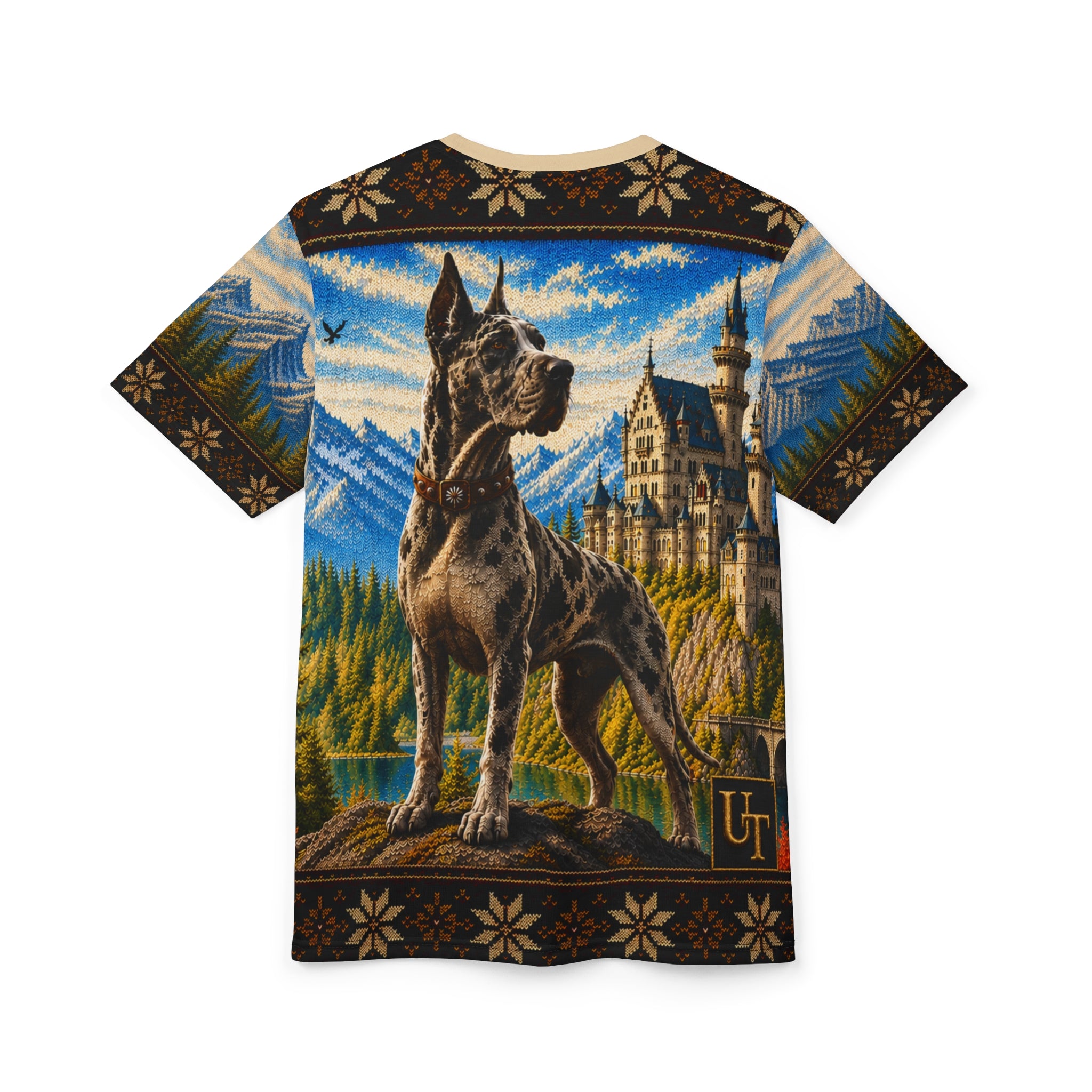 Great Dane all-over print tee shown on model