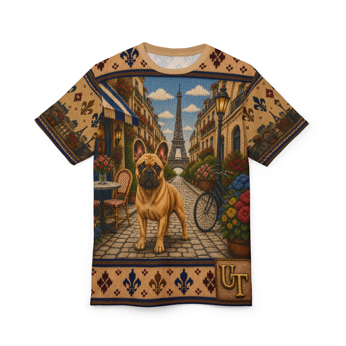 Model wearing French Bulldog knit-look all-over print tee