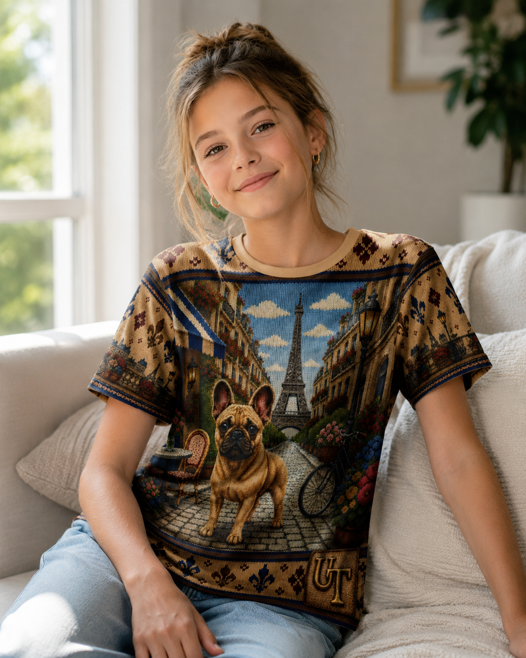 French Bulldog knit-style graphic tee detail