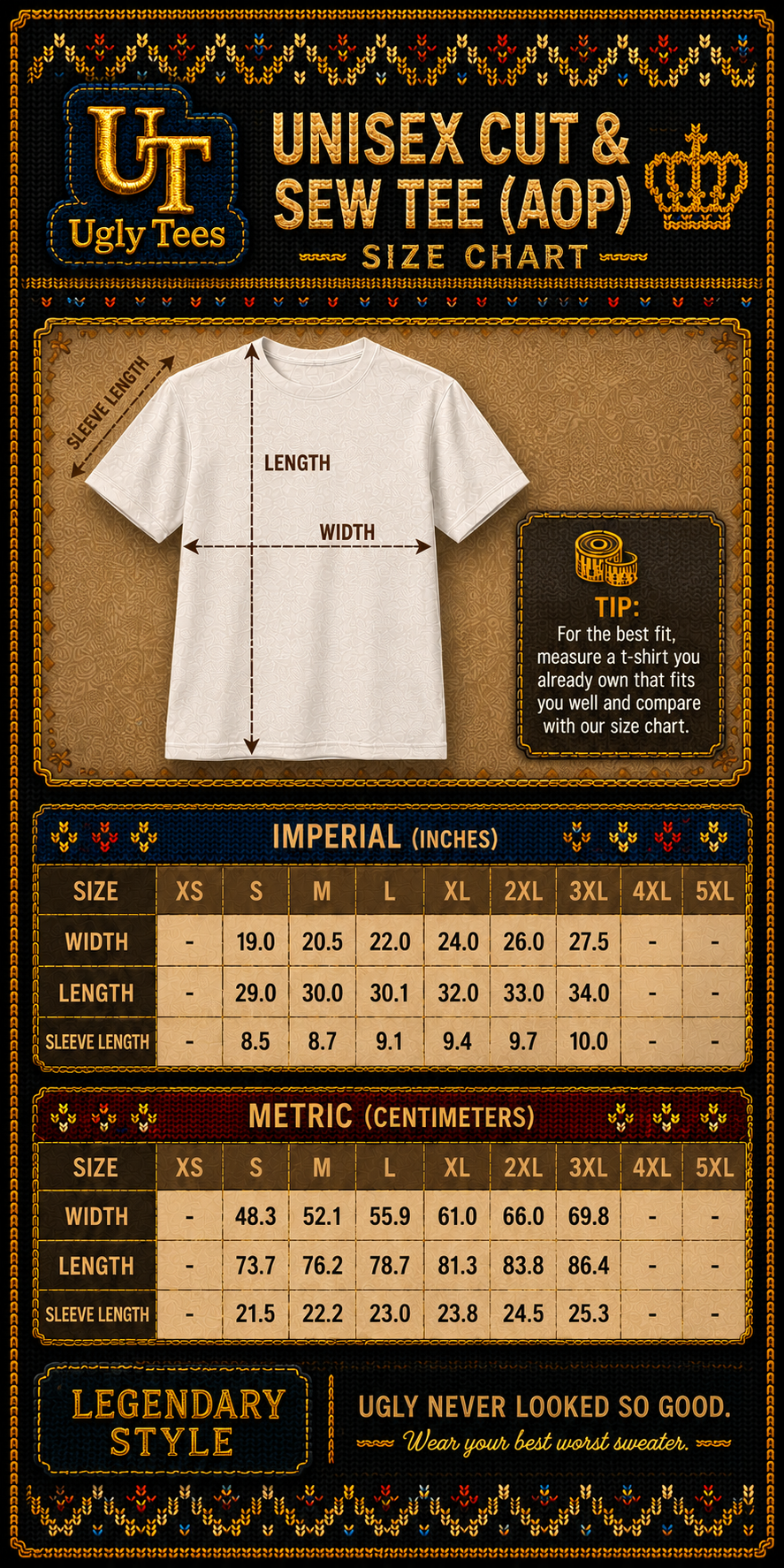 Ugly Tees unisex cut and sew tee size chart: width, length and sleeve measurements for sizes S to 3XL in inches and centimetres